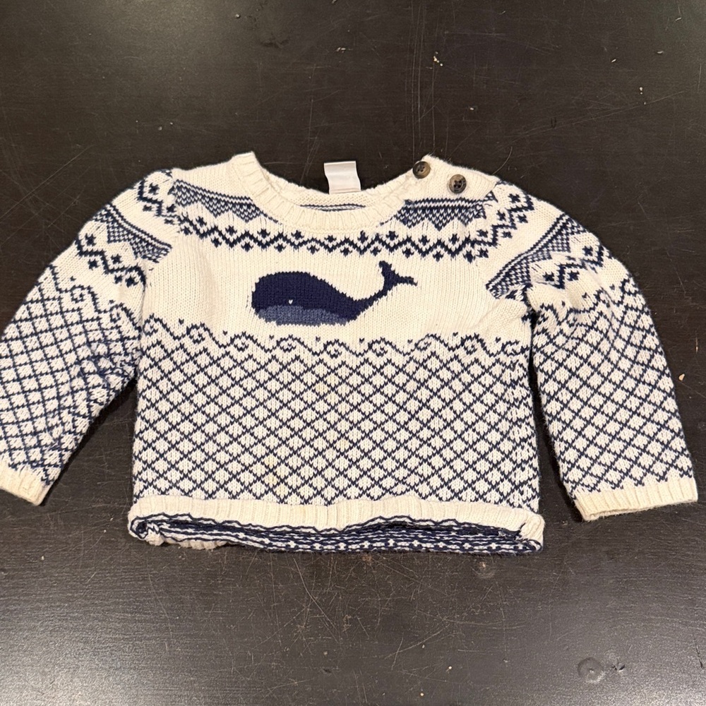 Janie and Jack 6/12 Baby Knit Whale Sweater in Cream and Navy